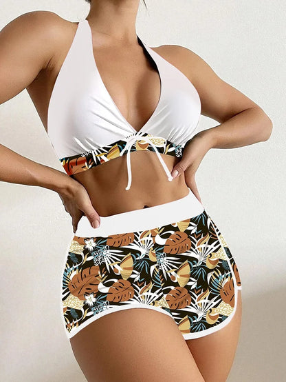 2Pcs/Set Bikinis Set Bowknot Decor Floral Print Bikini Backless Halter Bra High Waist Beachwear Female Beach Clothing