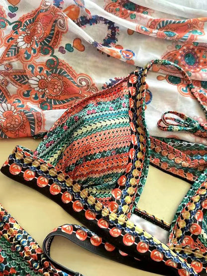 3 Pieces Printed Cross Bikinis 2025 Women Padded Swimwear With Outer Drape Swimsuit Female Bathers Bathing Swimming Suit