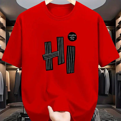 Summer men's 100% pure cotton casual loose fit plus size hi letter pattern  printed round neck short sleeved T-shirt top