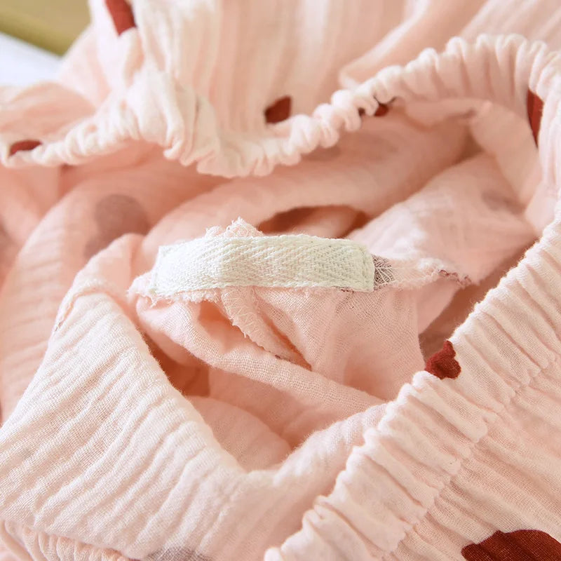 2025 New Spring and Autumn Women's Pajama Set 100% Cotton Crepe Long Sleeve Long Pants Two Piece Set Love Sweet Home Clothes