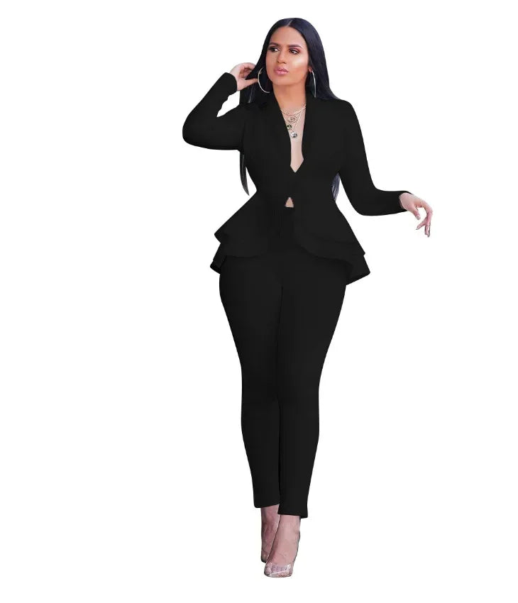 Women's L-XL Plus size Fashionable ruffled edge air layer professional uniform casual set and atmospheric showcasing