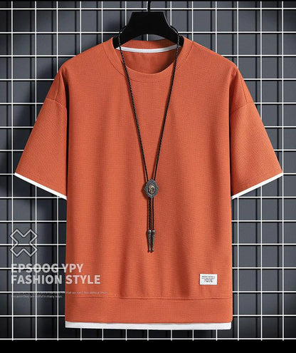 1pcs Men Summer T-Shirt Man Short Sleeved Waffle Solid T-Shirt Male Solid Color Casual Tee Round Men's Round Neck Fashion Top