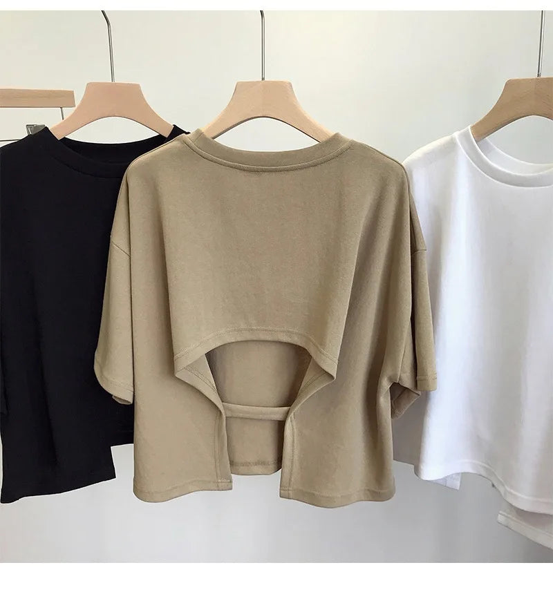 Summer New Ladies Casual Backless T-Shirt 2023 Korean Women Round Neck Loose Sweet Spicy Wind Short-Sleeved Crop Tops