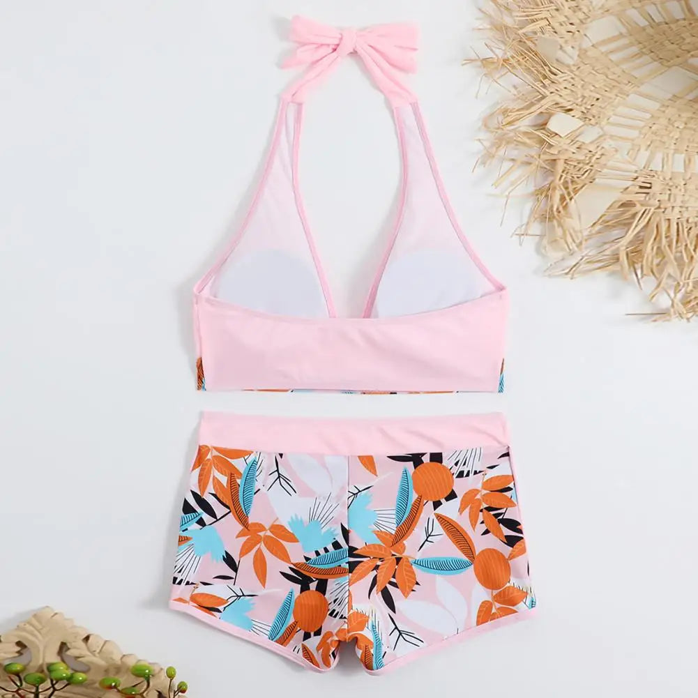 2Pcs/Set Bikinis Set Bowknot Decor Floral Print Bikini Backless Halter Bra High Waist Beachwear Female Beach Clothing