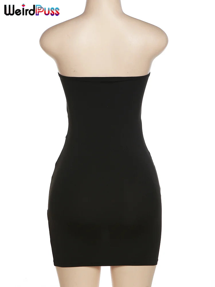 Weird Puss Party Strapless Dress Women Patchwork Mesh Summer Trend Sleeveless Midnight Sexy Hip Mini Bodycon Skinny Clubwear