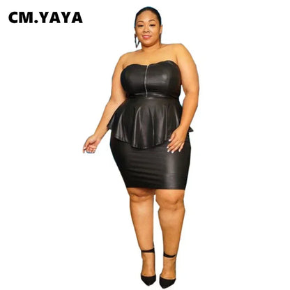 Waterarea Plus Size Elegant Faux Leather Bodycon Midi Skirt Suit  Women Strapless Zipper Fly Ruffles Top Two 2 Piece Set Outfits