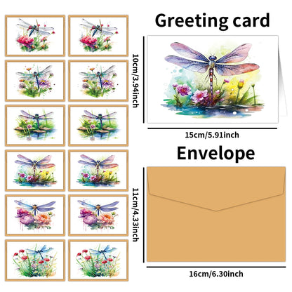 12pcs Watercolor Esign Dragonfly Flower Greeting Cards With Envelopes For Thank You Gifts, Birthday Congratulation, Wedding Wish