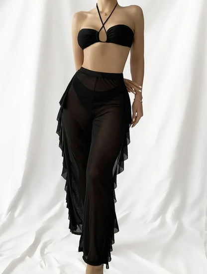 Bikini And Cover Up Set Plain Criss Cross Halter With Ruffle Pants Bandeau Swimsuit Women 2024 Black/White Swimwear Bathing Suit