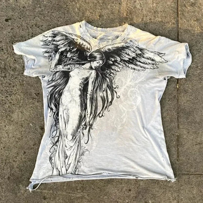 2025 New pure cotton American retro skull print T-shirt with round neck and short sleeve women summer European and American tops