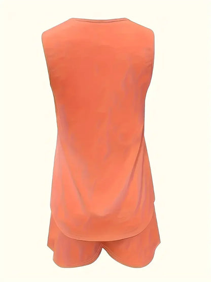 Women's Plus Size 1XL-5XL Two-Piece Solid Chic Casual Set Comfortable Crew Neck Tank Top Grommet Eyelet Detail & Trendy Shorts