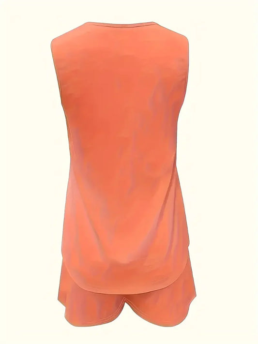 Women's Plus Size 1XL-5XL Two-Piece Solid Chic Casual Set Comfortable Crew Neck Tank Top Grommet Eyelet Detail & Trendy Shorts