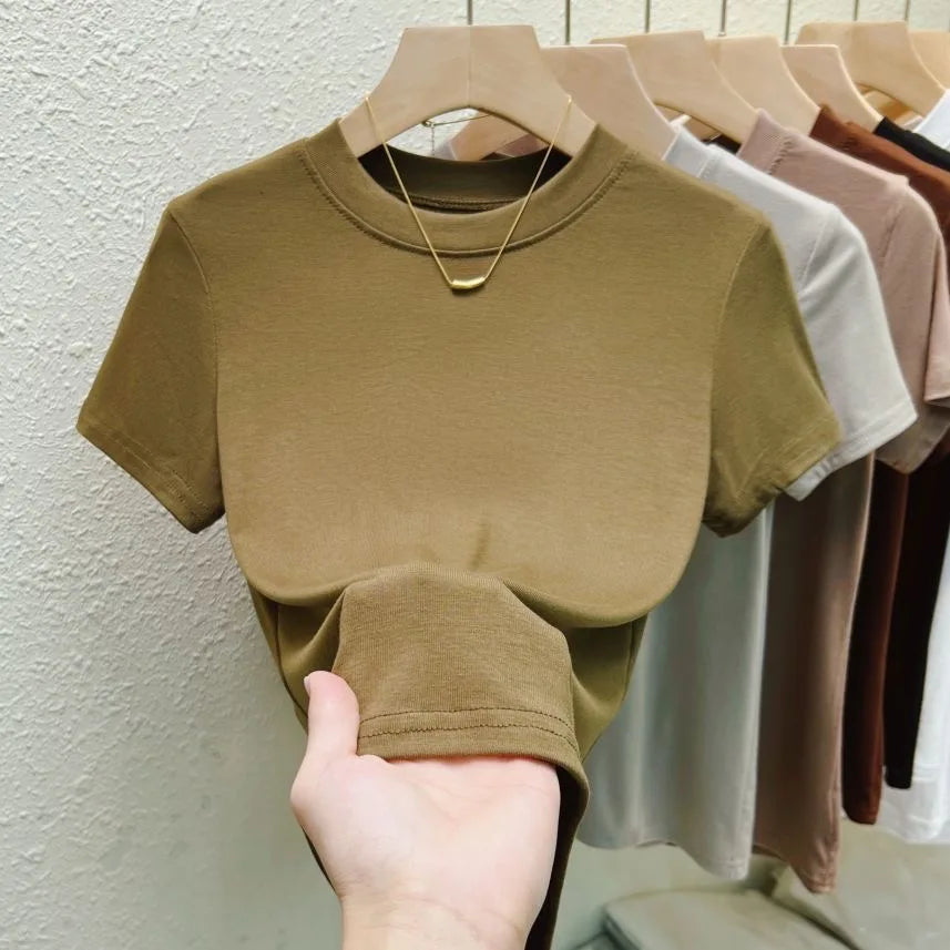 Women's Elastic Crew Neck T-Shirt Solid Ribbed Tops Pink Short Sleeve Tight Bottom Basic Shirt Casual Sexy Slim Summer Tops Tee