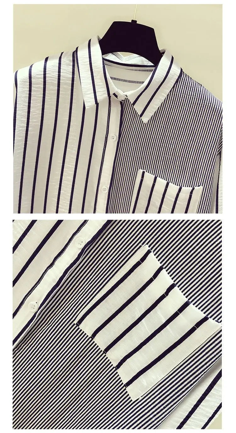 2025 Korean Summer Thin Trendy Striped Women's Shirt & Blouses Patchwork Pocket Loose Casual Office Lady Shirt Sweet Women's Top