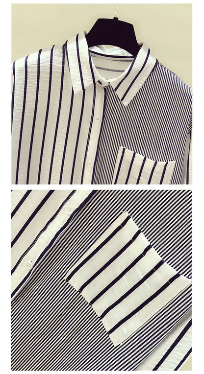 2025 Korean Summer Thin Trendy Striped Women's Shirt & Blouses Patchwork Pocket Loose Casual Office Lady Shirt Sweet Women's Top