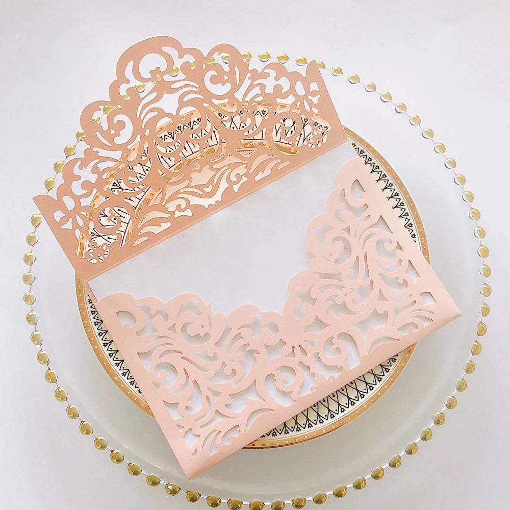 25 pieces Customize Peach Pocket Wedding Invitation, Gold Glitter Backing XV Birthday Envelope Shape Invite Thank You Card IC145