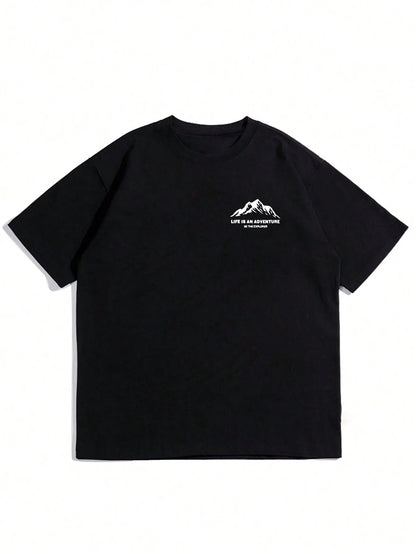 Summer men's 100% pure cotton casual loose plus size Letter And Mountain pattern printed round neck short sleeved T-shirt top