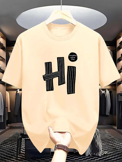 Summer men's 100% pure cotton casual loose fit plus size hi letter pattern  printed round neck short sleeved T-shirt top