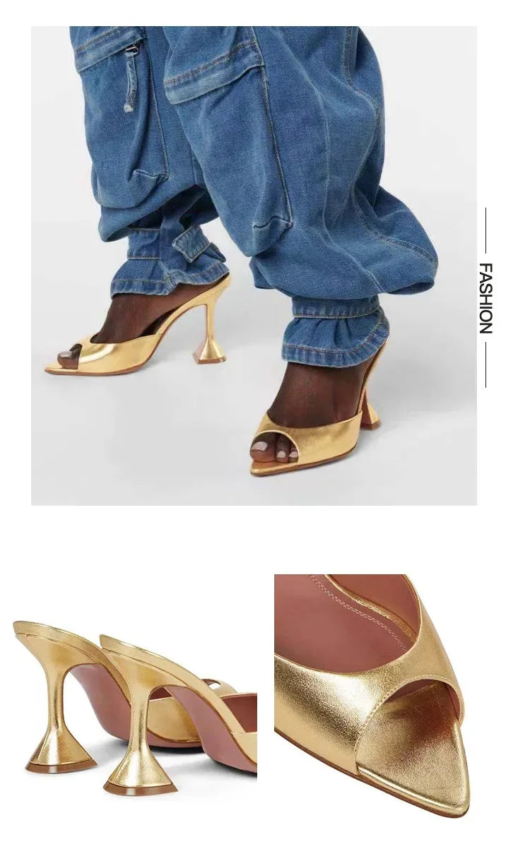 2024 New Pointed Fish Mouth Sandals, Fashionable Women's Shoes, Wine Glasses and Gold Slippers