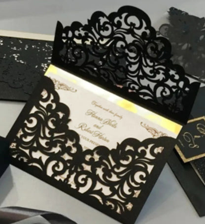 25 pieces Customize Peach Pocket Wedding Invitation, Gold Glitter Backing XV Birthday Envelope Shape Invite Thank You Card IC145