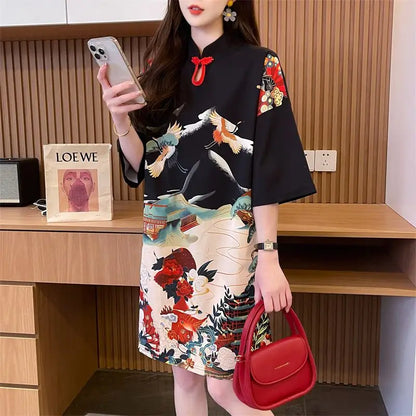 Summer Chinese Style Vintage Printing T-shirt Mini Dress Ladies Short Sleeve Loose Casual A-line Robe Women Stand Collar Vestido