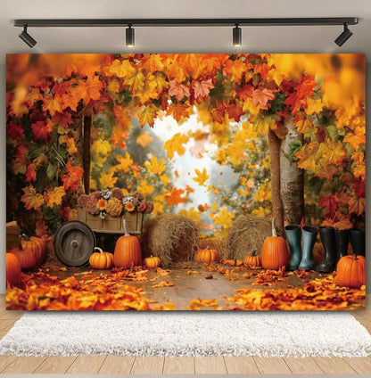 Autumn Backdrop Maple Pumpkin Maple Leaves Forest Haystack Harvest Thanksgiving Baby Portrait Photography Background Photobooth