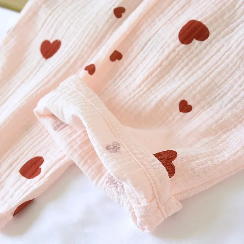 2025 New Spring and Autumn Women's Pajama Set 100% Cotton Crepe Long Sleeve Long Pants Two Piece Set Love Sweet Home Clothes