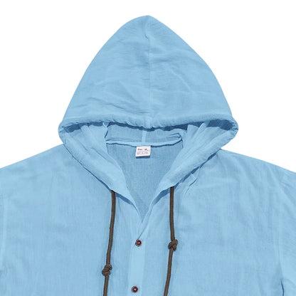 Summer cotton linen men's short sleeved shirt in US size solid color hooded casual T-shirt plus size men's clothing