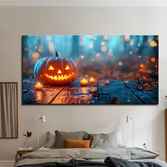 1.5 inch thick pine solid wood frame, Halloween themed oil mural, jack-o '-lantern painting, interior decoration