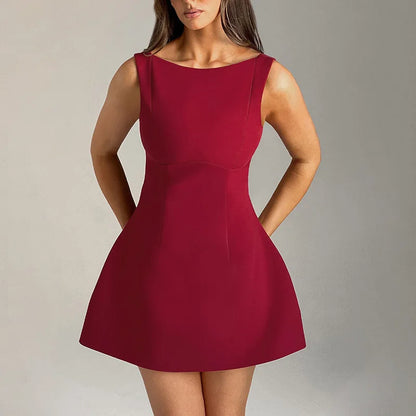 2024 Elegant Slim Solid Mini Dress For Women Summer O-neck Backless A-line Dress Black Sleeveless Office Lady Party Dress
