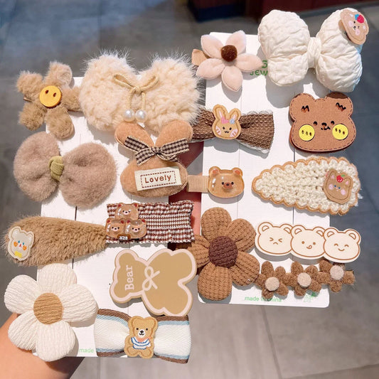 Autumn Winter 8Pcs Kids Hairclip Cartoon Bear Cute Bowknot Baby Princess Hair Accessories Newborn Cream Color Hairclips For Girl
