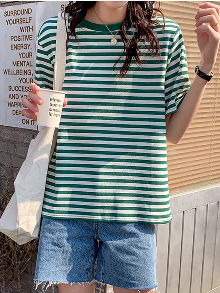 Women Stripes Vintage Tshirt Tops O Neck Short Sleeve Pullover T-shirt 2024 Summer New Korea Cotton Shirt Green Black Y2K