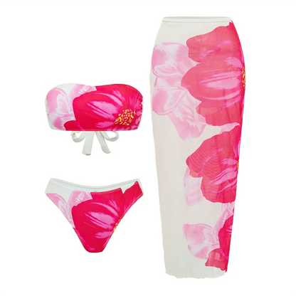 2025 New Flower Print Bikini Set Women's High Waist Long Skirt 3 Piece Swimsuit Sexy Mini Triangle Backless Thong Bathing Suit