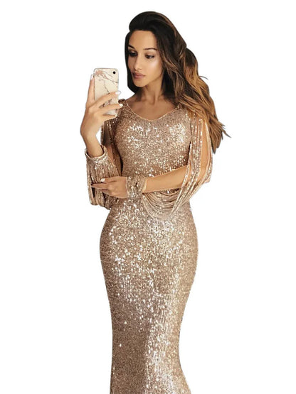 Women's European and American Long Dress Evening Dress Long Sleeve Tassel Dinner Dress