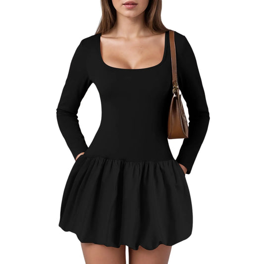 Summer Dresses Women'S Sexy Bustier Square Neck Long Sleeve Ruffles Short Dress Cute Bubble Design Mini Dress Party Vestidos