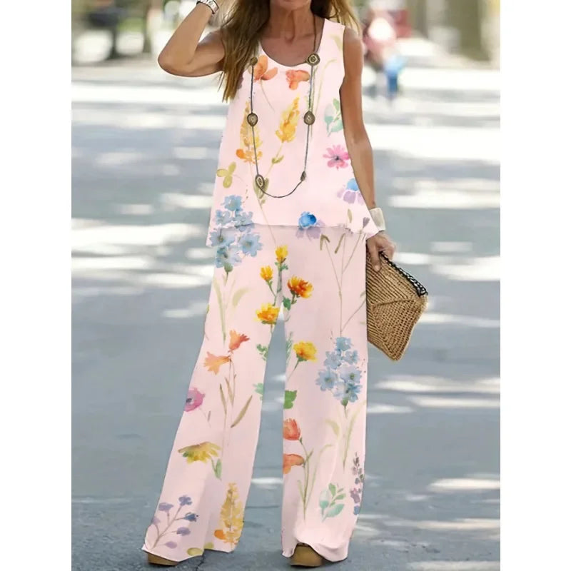Women's1XL-8XL Plus Size Round Neck Casual Outfits Two Piece Set Solid Tank Top Wide Leg Pants Outfits 2 Piece Set