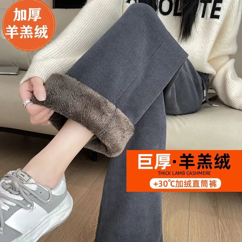 Autumn Winter Pants Women Thickened Lamb Fleece Wide Leg Pant Plus Velvet Women's Fashion Loose Pants Cashmere Casual Trousers