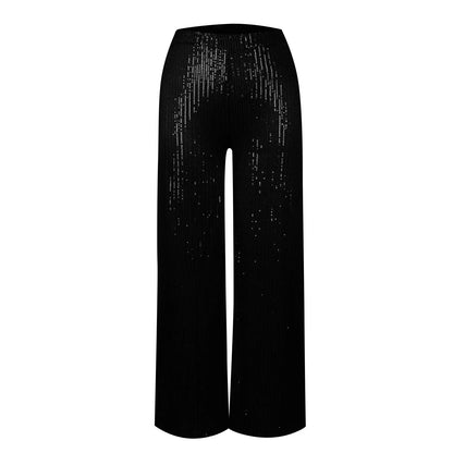 Women's Fashion Solid Color High Waist Sequin Side Zipper Draped Wide Leg Pants Pants for Women Women’s Pants Women’s Pants 2024