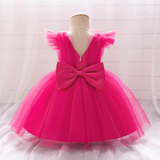 Toddler Bow White Baptism Party Baby Girl Dress Fly Sleeves 1st Birthday Wedding Princess Dresses Tutu Lace Evening Kids Clothes