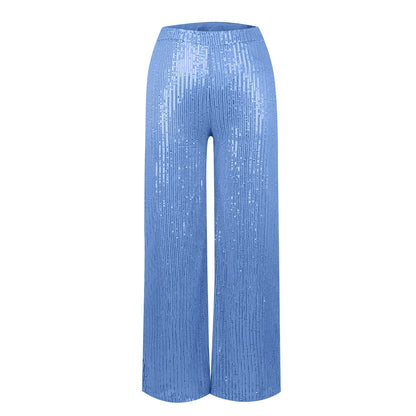 Women's Fashion Solid Color High Waist Sequin Side Zipper Draped Wide Leg Pants Pants for Women Women’s Pants Women’s Pants 2024