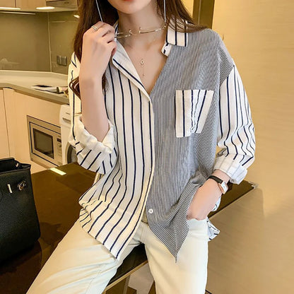 2025 Korean Summer Thin Trendy Striped Women's Shirt & Blouses Patchwork Pocket Loose Casual Office Lady Shirt Sweet Women's Top