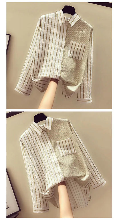 2025 Korean Summer Thin Trendy Striped Women's Shirt & Blouses Patchwork Pocket Loose Casual Office Lady Shirt Sweet Women's Top