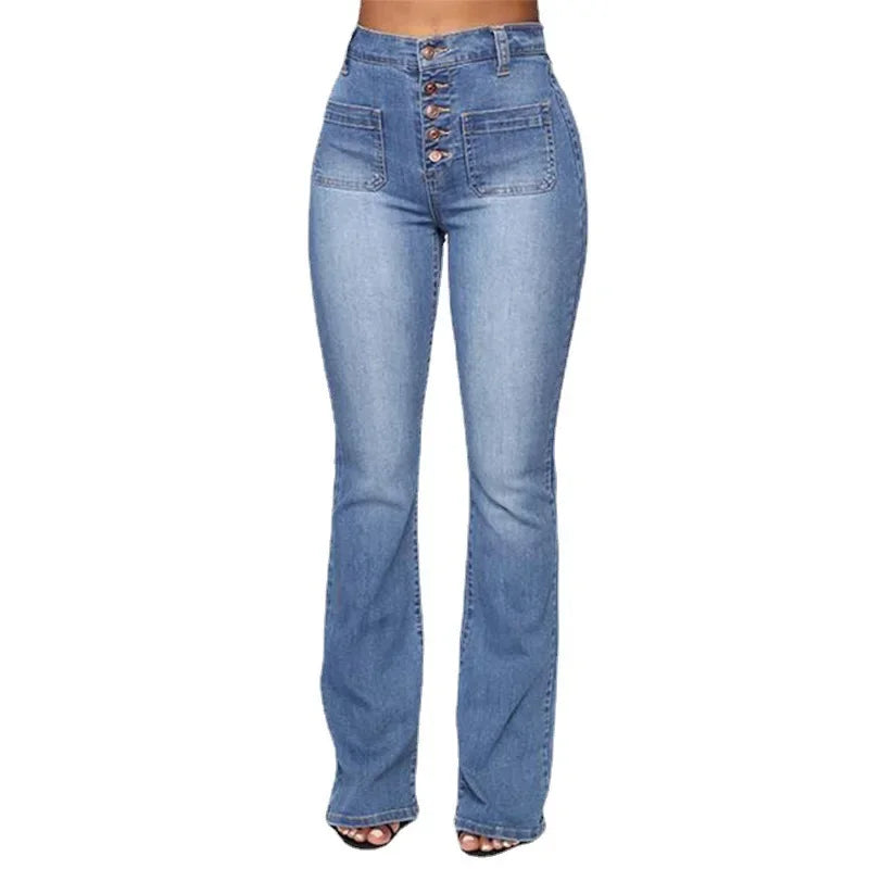 Women's Denim Jeans Button Patch Pocket Washed Long Trousers Cross-Border Wish NK173 Denim Jeans from Mainland China