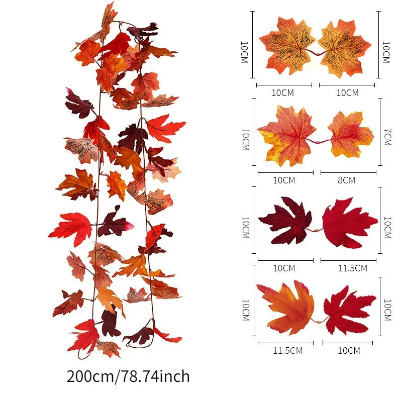 2M Artificial Fall Maple Leaf Garland Fake Plants Autumn Decor Leaves Vine for Thanksgiving Halloween Christmas Wedding Decora