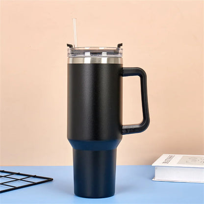 40oz 304 Stainless Steel Insulated Water Bottle,Thermal Coffee Car Cup, Cold Hot Mugs Vacuum Flask With Handle Straw,For Sport