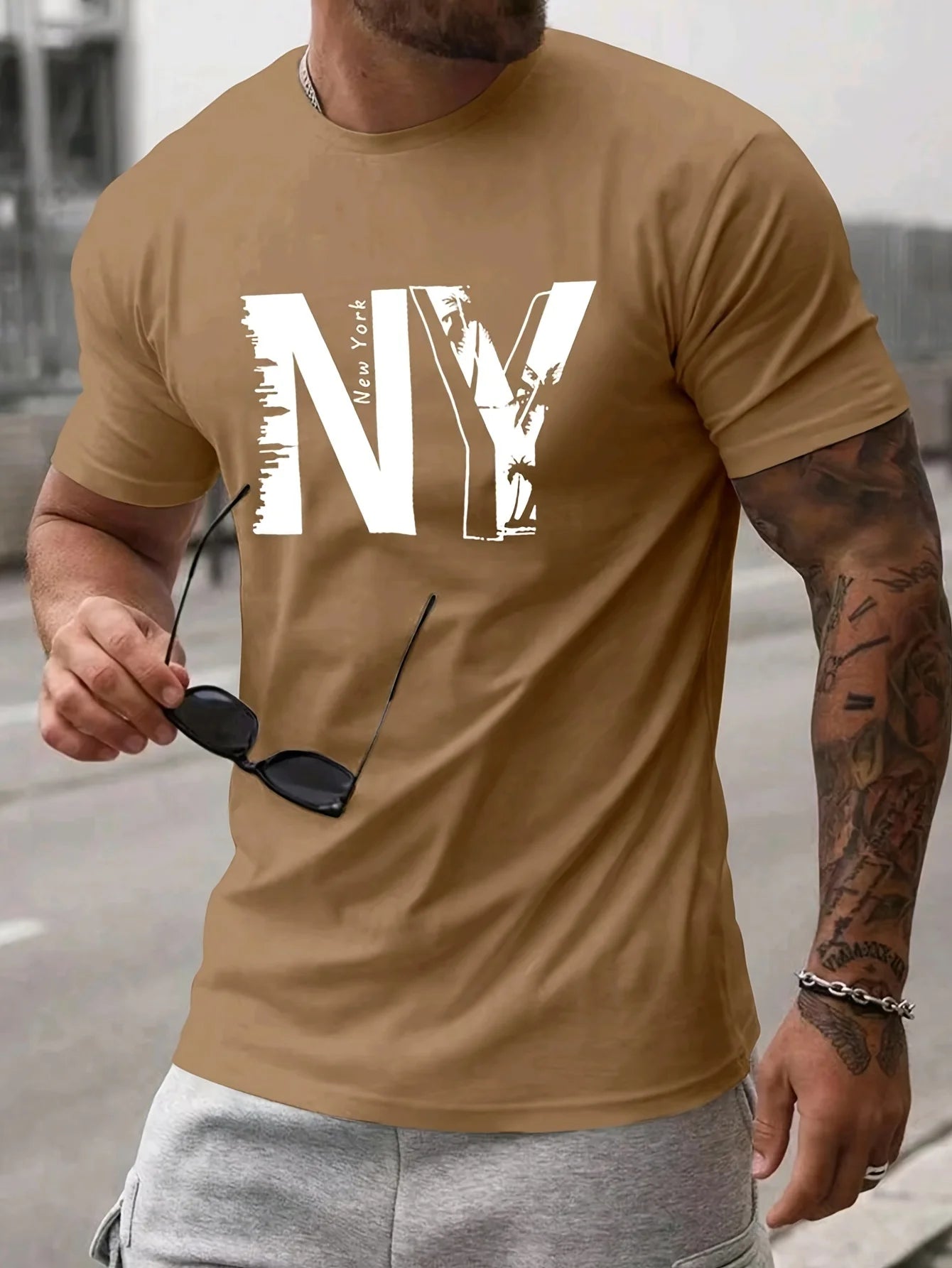Summer men's 100% pure cotton casual loose plus size NY letter printed sports comfortable round neck short sleeved T-shirt top