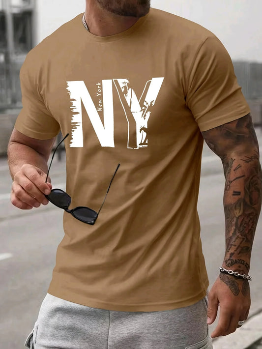 Summer men's 100% pure cotton casual loose plus size NY letter printed sports comfortable round neck short sleeved T-shirt top
