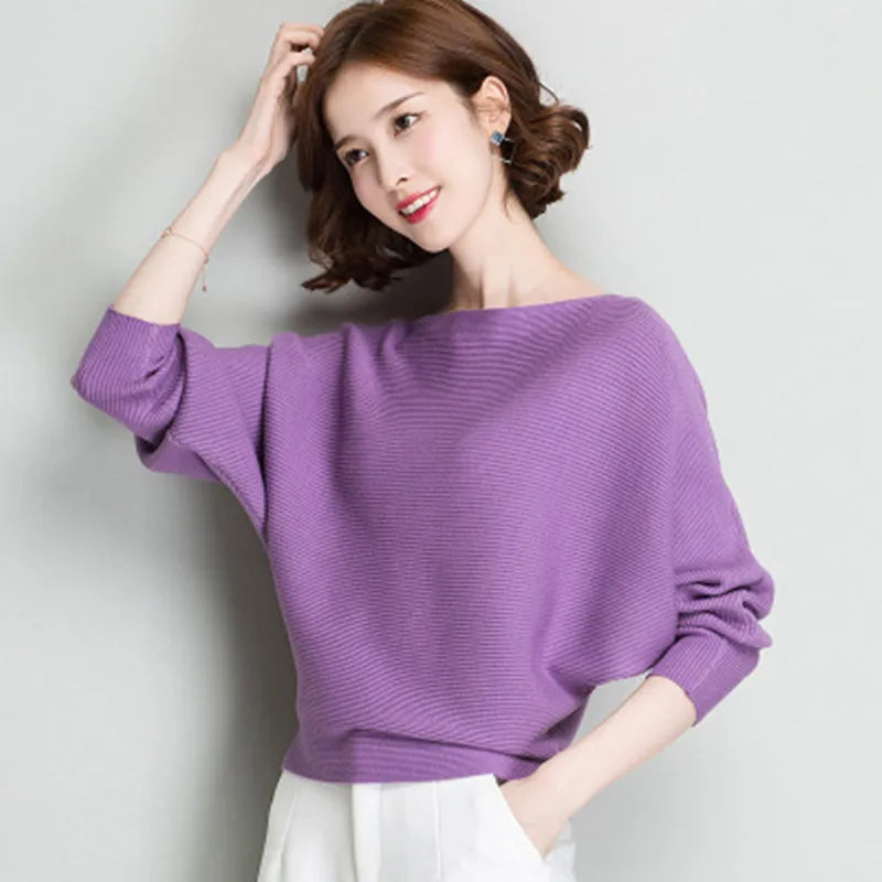 19 Colors Women Knitted Long Batwing Sleeves Loose Sweater Autumn Outstreet High Stretch Knitwear Wide Collar Pullover Knits