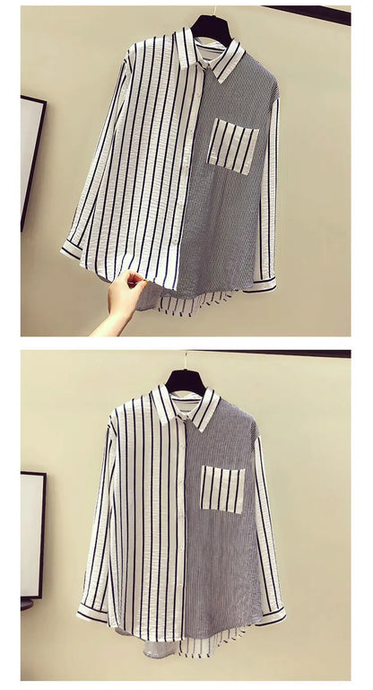 2025 Korean Summer Thin Trendy Striped Women's Shirt & Blouses Patchwork Pocket Loose Casual Office Lady Shirt Sweet Women's Top