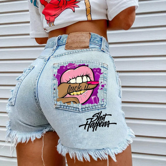 2012 Fashionable Gap Denim Shorts Women's Bite Finger Printing Cross-border E-commerce Amazon Style Breaking Shorts