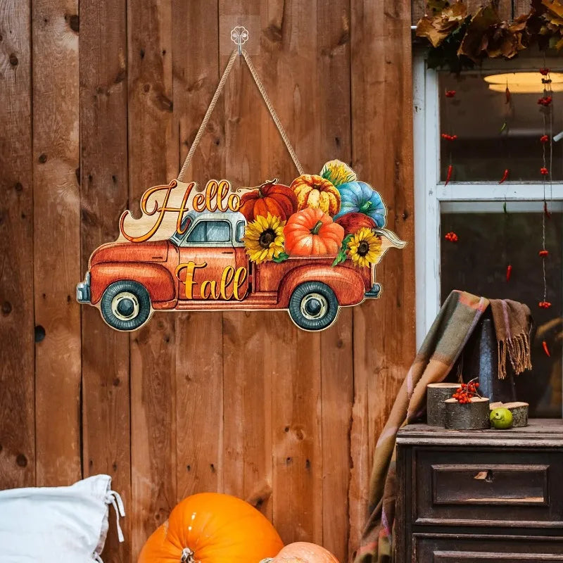 Autumn Pumpkin Welcome Sign - Rustic Wood 'Hello Fall' Hanging Decoration for Thanksgiving, Porch, Home Wall Indoor/Outdoor